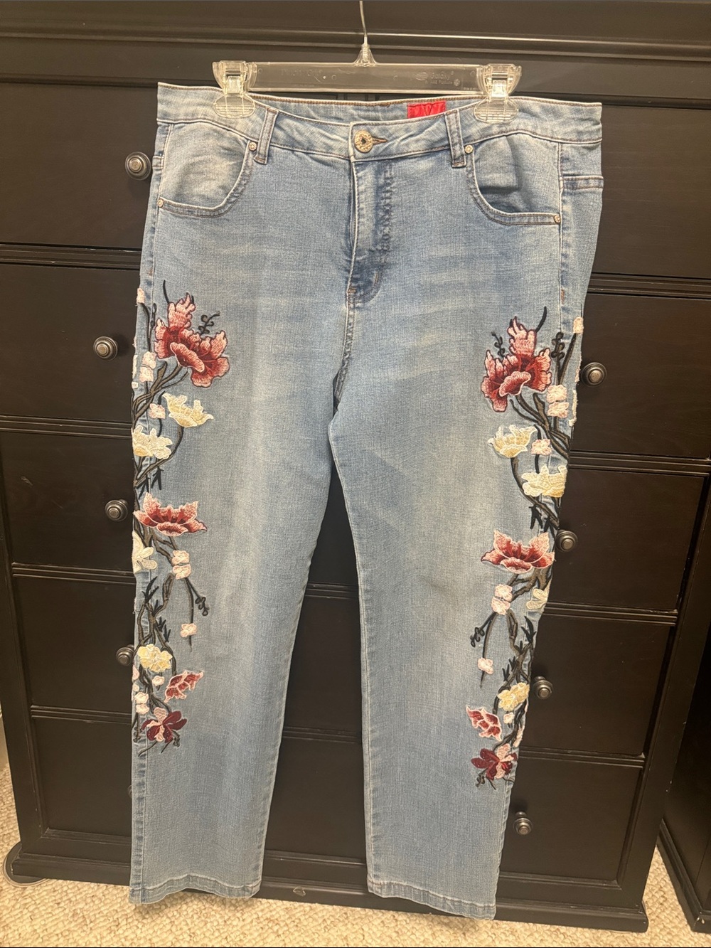 V Cristina Light Blue Straight Leg Jeans with Floral Embroidery